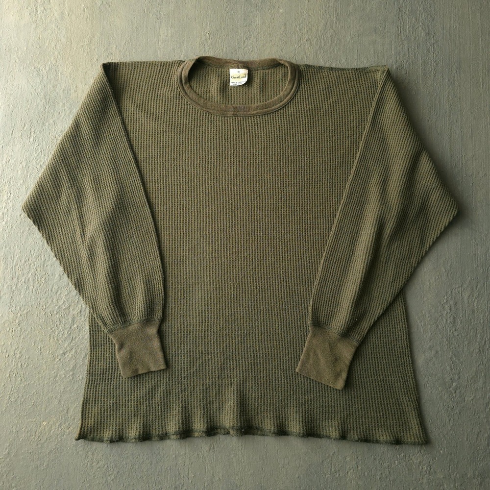 Vintage 90s Great Land Olive Thermal T-shirt XL Made in USA Waffle Knit